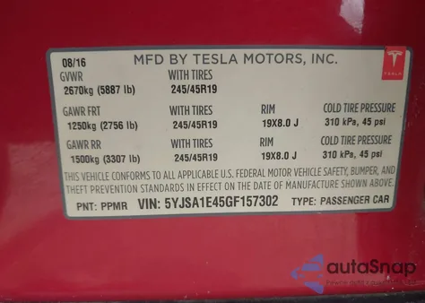 2016 Tesla Model S 90D/P100D/P85D/P90D z USA, uszkodzony, nr VIN 5YJSA1E45GF157302